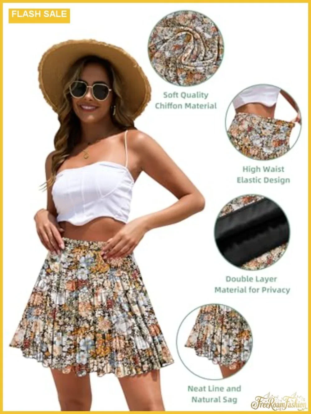Boho Chiffon Flowy Mini Skirt High Waist Tiered Pleated